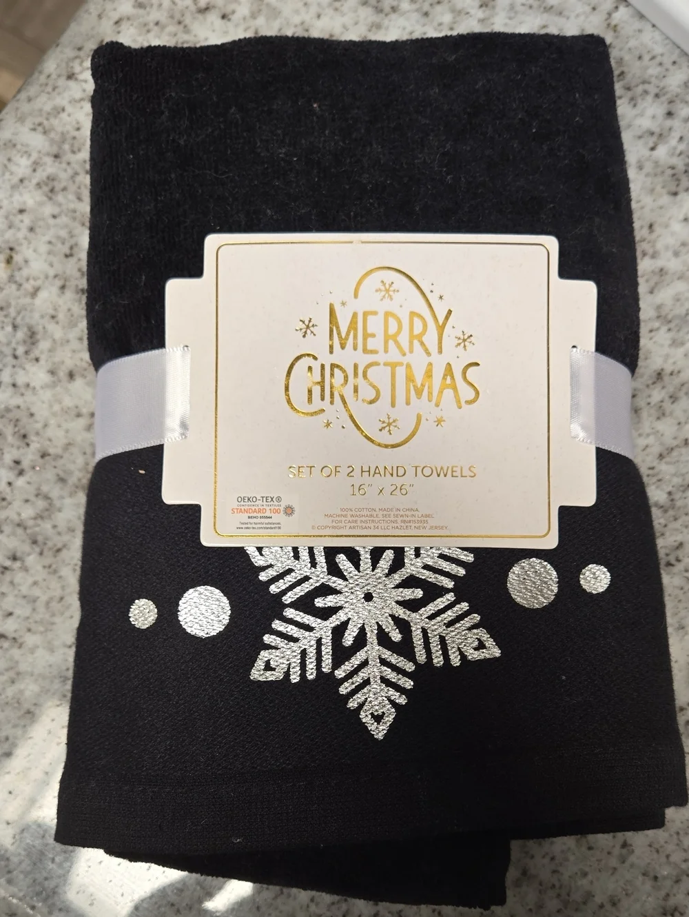 Black Snowflake Hand Towels - Set of 2.. Christmas..